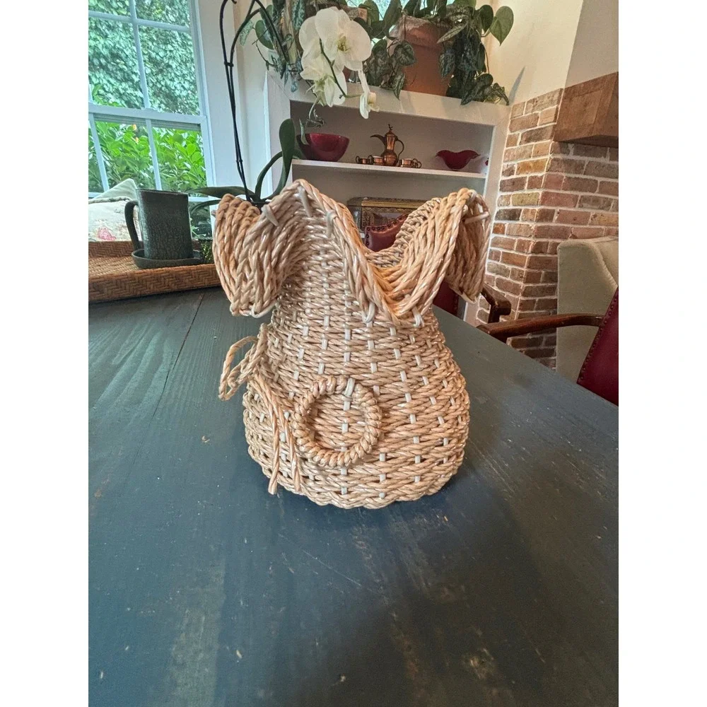 Vintage Woven Straw Ruffle Top Basket Bow Detail Boho Decor Made in Korea